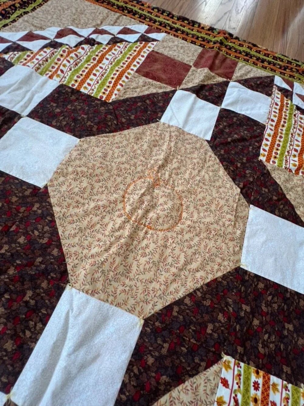 Handmade Fall Patchwork Quilt 64x64 Pumpkin Sunflower Autumn Throw